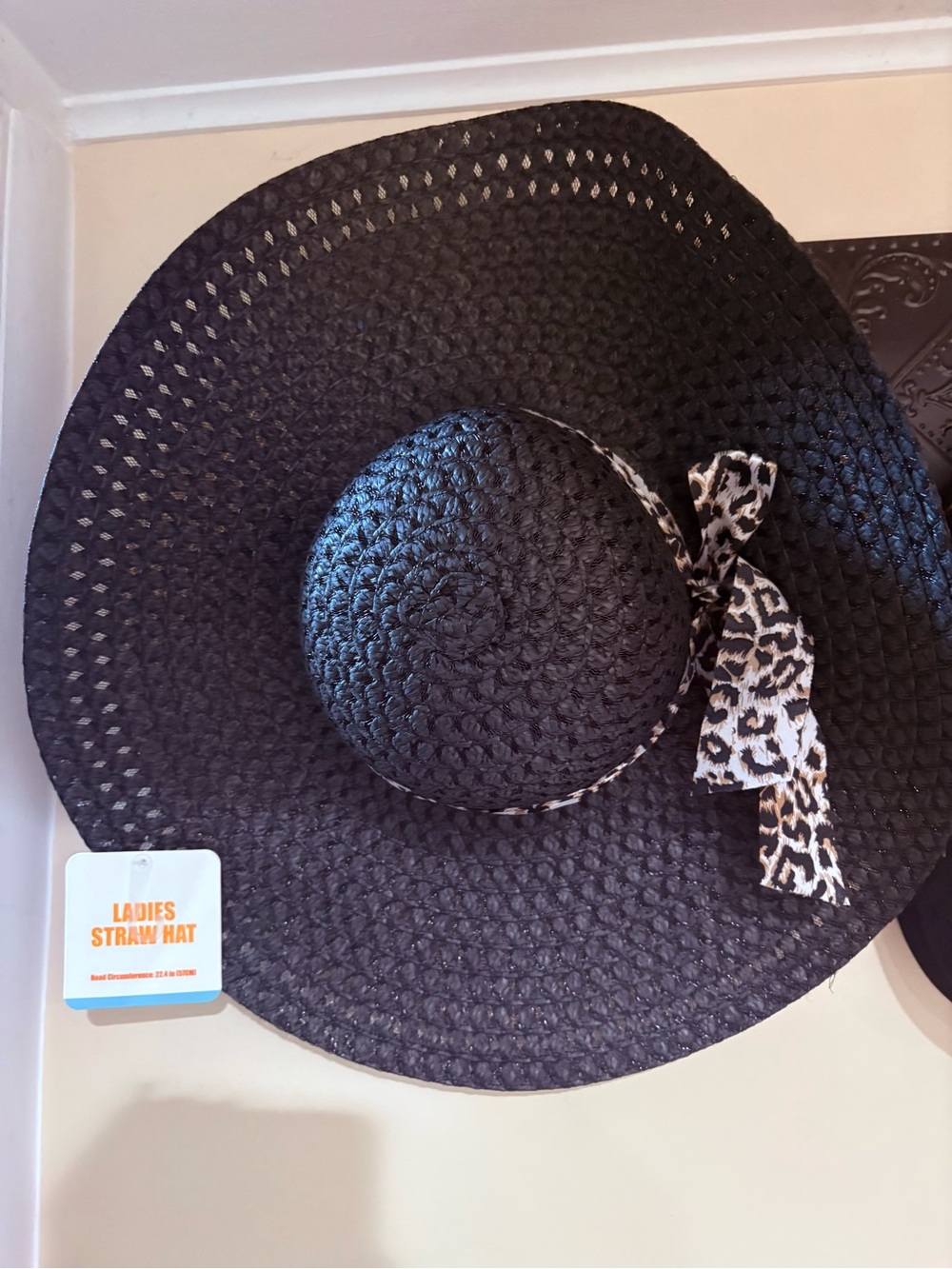 Ladies Black Faux-Straw Sun Hat with Leopard Bow